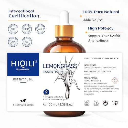 HIQILI Lemongrass Ätherisches Öl, 100% rein natürlich unverdünnt, Premium-Öl - 100 ml