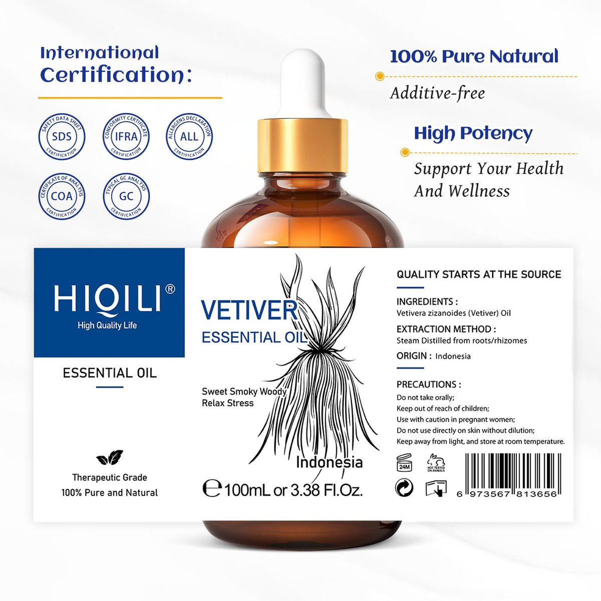 HIQILI 100 ml Vetiver Ätherisches Öl, 100% rein natürlich für Diffuser, Ruhe und Entspannung - 3,38 Fl Oz