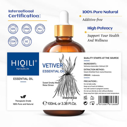 HIQILI 100 ml Vetiver Ätherisches Öl, 100% rein natürlich für Diffuser, Ruhe und Entspannung - 3,38 Fl Oz