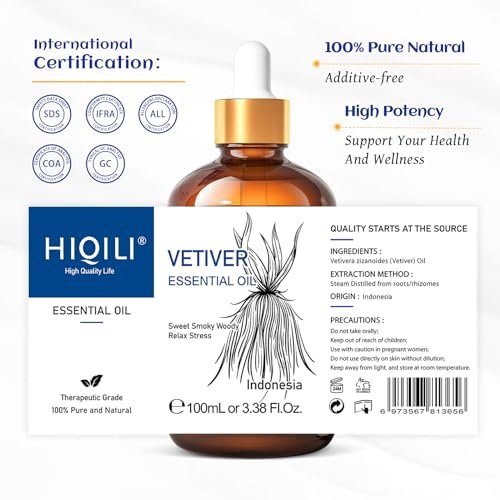 HIQILI 100 ml Vetiver Ätherisches Öl, 100% rein natürlich für Diffuser, Ruhe und Entspannung - 3,38 Fl Oz
