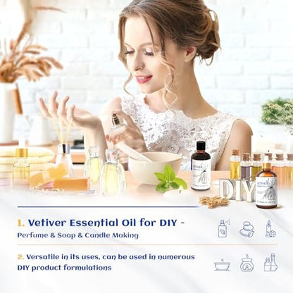 HIQILI 100 ml Vetiver Ätherisches Öl, 100% rein natürlich für Diffuser, Ruhe und Entspannung - 3,38 Fl Oz