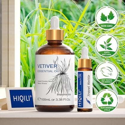 HIQILI 100 ml Vetiver Ätherisches Öl, 100% rein natürlich für Diffuser, Ruhe und Entspannung - 3,38 Fl Oz