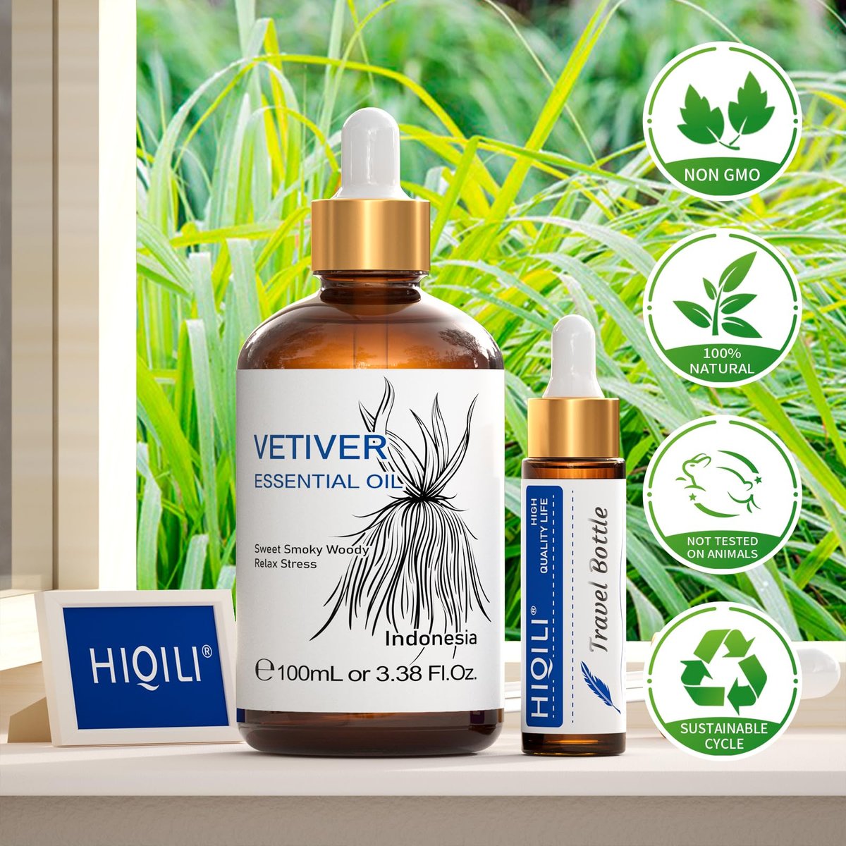 HIQILI 100 ml Vetiver Ätherisches Öl, 100% rein natürlich für Diffuser, Ruhe und Entspannung - 3,38 Fl Oz