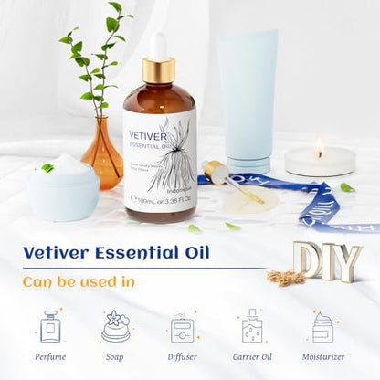 HIQILI 100 ml Vetiver Ätherisches Öl, 100% rein natürlich für Diffuser, Ruhe und Entspannung - 3,38 Fl Oz