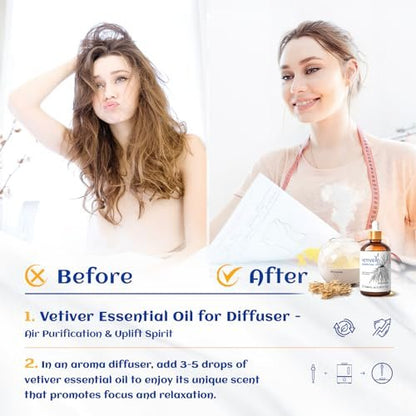 HIQILI 100 ml Vetiver Ätherisches Öl, 100% rein natürlich für Diffuser, Ruhe und Entspannung - 3,38 Fl Oz