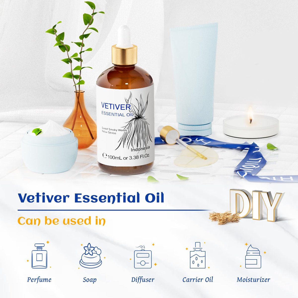 HIQILI 100 ml Vetiver Ätherisches Öl, 100% rein natürlich für Diffuser, Ruhe und Entspannung - 3,38 Fl Oz