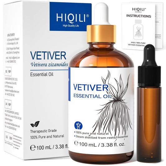 HIQILI 100 ml Vetiver Ätherisches Öl, 100% rein natürlich für Diffuser, Ruhe und Entspannung - 3,38 Fl Oz