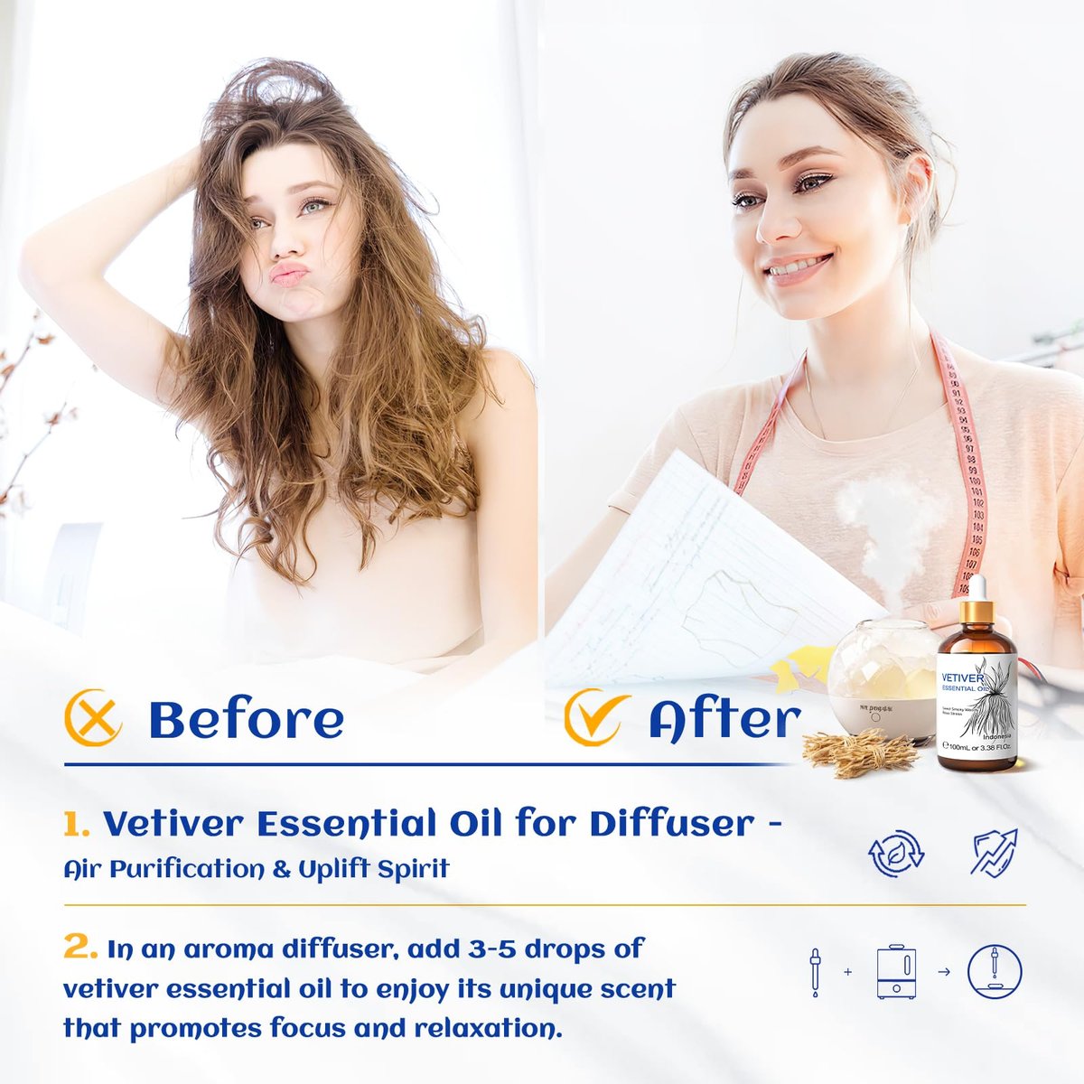 HIQILI 100 ml Vetiver Ätherisches Öl, 100% rein natürlich für Diffuser, Ruhe und Entspannung - 3,38 Fl Oz