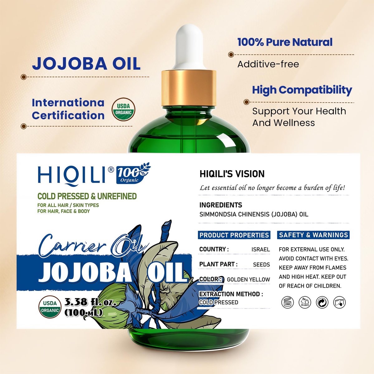HIQILI 100 ml Jojobaöl Bio für Haarwachstum, 100 % rein kaltgepresst unraffiniert, inklusive Rollerflasche zur Massage - 3,38 Fl. Oz.