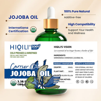 HIQILI 100 ml Jojobaöl Bio für Haarwachstum, 100 % rein kaltgepresst unraffiniert, inklusive Rollerflasche zur Massage - 3,38 Fl. Oz.