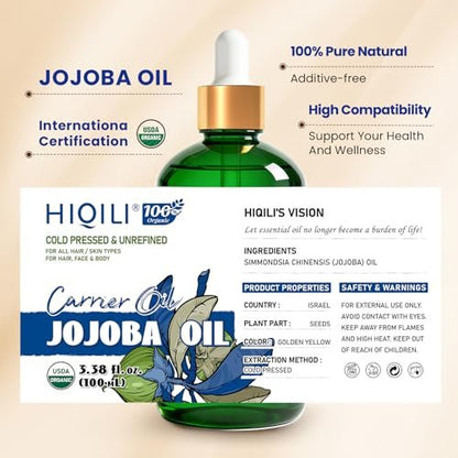 HIQILI 100 ml Jojobaöl Bio für Haarwachstum, 100 % rein kaltgepresst unraffiniert, inklusive Rollerflasche zur Massage - 3,38 Fl. Oz.