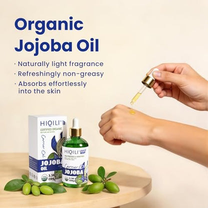 HIQILI 100 ml Jojobaöl Bio für Haarwachstum, 100 % rein kaltgepresst unraffiniert, inklusive Rollerflasche zur Massage - 3,38 Fl. Oz.