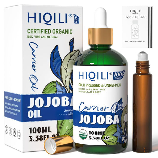 HIQILI 100 ml Jojobaöl Bio für Haarwachstum, 100 % rein kaltgepresst unraffiniert, inklusive Rollerflasche zur Massage - 3,38 Fl. Oz.