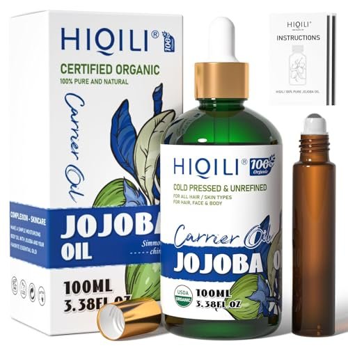 HIQILI 100 ml Jojobaöl Bio für Haarwachstum, 100 % rein kaltgepresst unraffiniert, inklusive Rollerflasche zur Massage - 3,38 Fl. Oz.