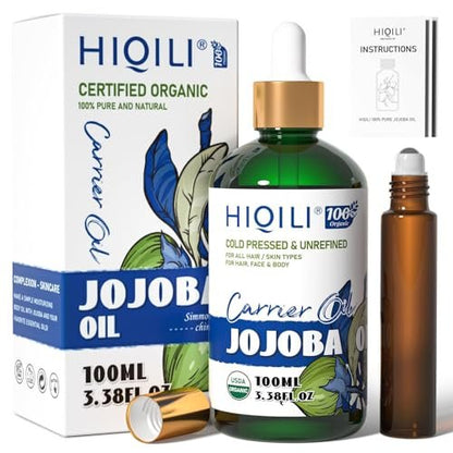 HIQILI 100 ml Jojobaöl Bio für Haarwachstum, 100 % rein kaltgepresst unraffiniert, inklusive Rollerflasche zur Massage - 3,38 Fl. Oz.