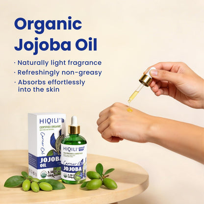 HIQILI 100 ml Jojobaöl Bio für Haarwachstum, 100 % rein kaltgepresst unraffiniert, inklusive Rollerflasche zur Massage - 3,38 Fl. Oz.