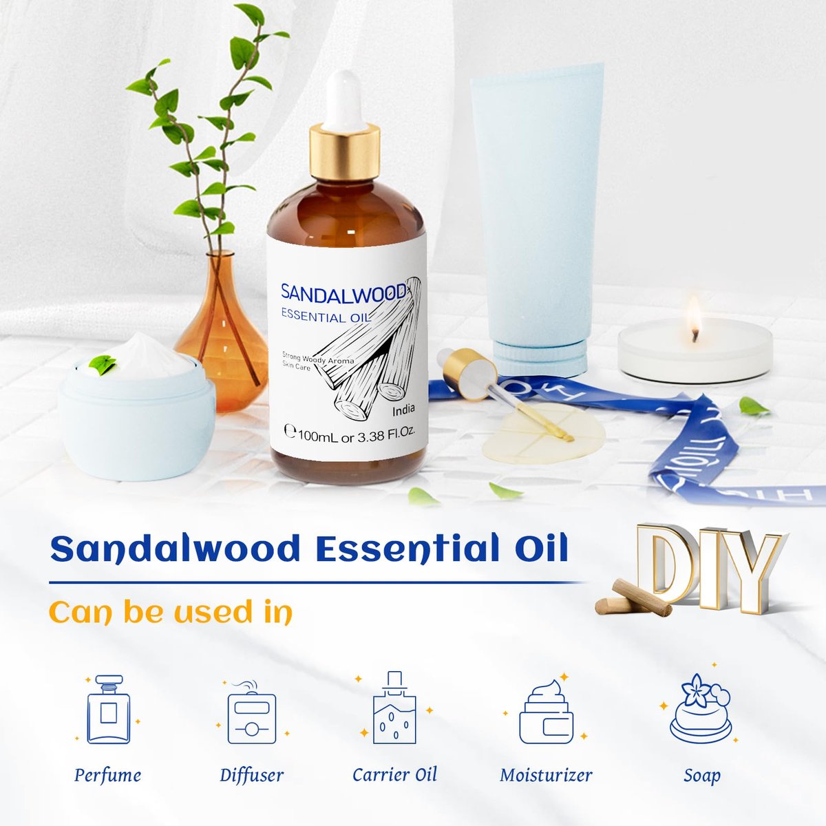HIQILI Sandelholz Ätherisches Öl – Lang anhaltender Duft für Parfüm, Diffuser, Seifen- & Kerzenherstellung – 100 ml