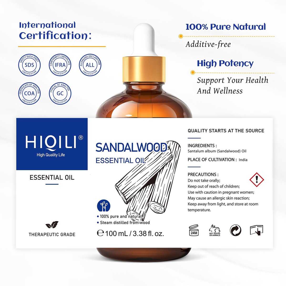 HIQILI Sandelholz Ätherisches Öl – Lang anhaltender Duft für Parfüm, Diffuser, Seifen- & Kerzenherstellung – 100 ml