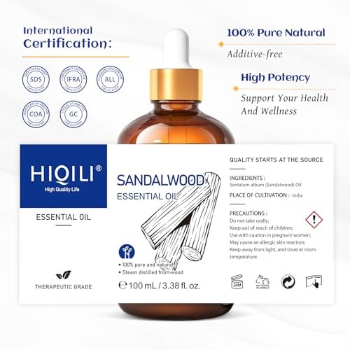 HIQILI Sandelholz Ätherisches Öl – Lang anhaltender Duft für Parfüm, Diffuser, Seifen- & Kerzenherstellung – 100 ml