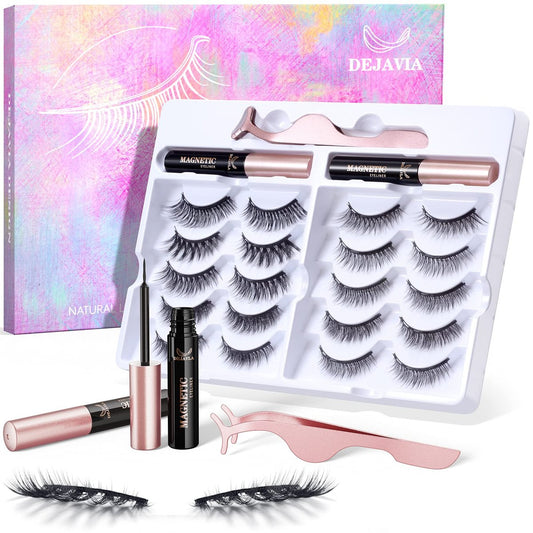DEJAVIA Magnetische Wimpern [10 Paar], Premium natürlich aussehend, wiederverwendbar, leicht, wispy, starke Magnetwimpern mit Applikator und Pinzette, kein Kleber erforderlich