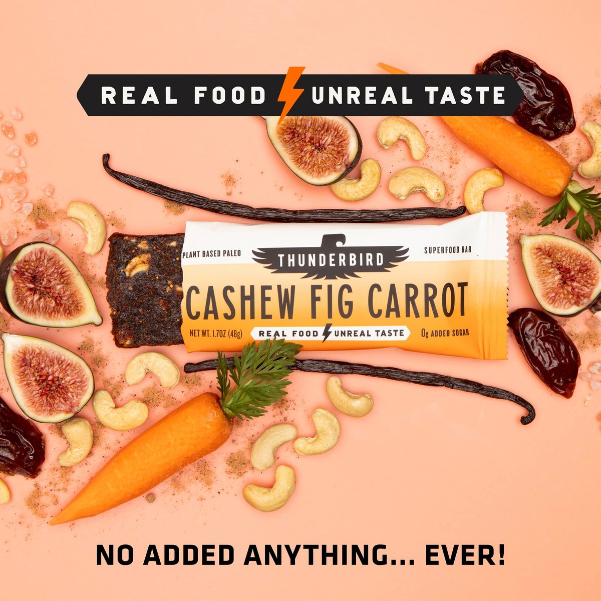Thunderbird Real Food Energy Bars – Cashew Feige Karotte, 1,7 oz, Frucht- & Nuss-Riegel, ohne Zuckerzusatz, glutenfrei, 12er-Pack