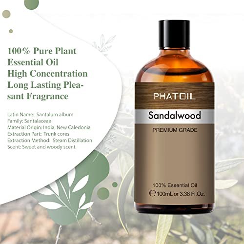 PHATOIL 100 ml Sandelholz Ätherisches Öl, Reines Aromatherapie Öl für Diffuser, Luftbefeuchter, Duftöl für Seifen- und Kerzenherstellung, Große 3,38 fl.oz Flasche