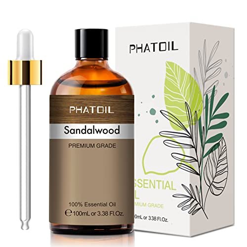 PHATOIL 100 ml Sandelholz Ätherisches Öl, Reines Aromatherapie Öl für Diffuser, Luftbefeuchter, Duftöl für Seifen- und Kerzenherstellung, Große 3,38 fl.oz Flasche