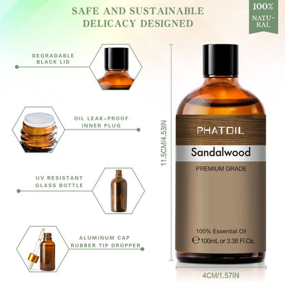 PHATOIL 100 ml Sandelholz Ätherisches Öl, Reines Aromatherapie Öl für Diffuser, Luftbefeuchter, Duftöl für Seifen- und Kerzenherstellung, Große 3,38 fl.oz Flasche