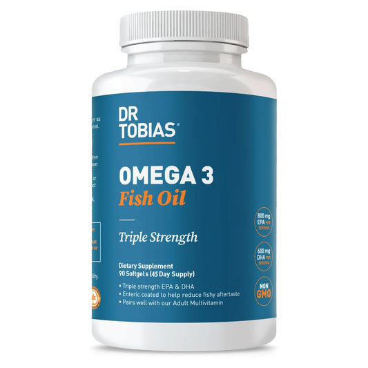Dr. Tobias Omega 3 Fischöl 2000mg Dreifachstärke mit 800mg EPA und 600mg DHA pro Portion | Omega-3 Kapseln für Herz, Gehirn und Immunsystem – 90 Weichkapseln (45 Portionen)