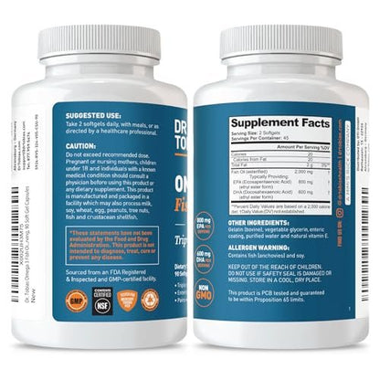 Dr. Tobias Omega 3 Fischöl 2000mg Dreifachstärke mit 800mg EPA und 600mg DHA pro Portion | Omega-3 Kapseln für Herz, Gehirn und Immunsystem – 90 Weichkapseln (45 Portionen)