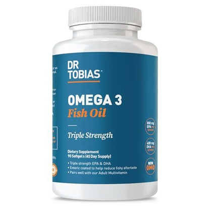 Dr. Tobias Omega 3 Fischöl 2000mg Dreifachstärke mit 800mg EPA und 600mg DHA pro Portion | Omega-3 Kapseln für Herz, Gehirn und Immunsystem – 90 Weichkapseln (45 Portionen)