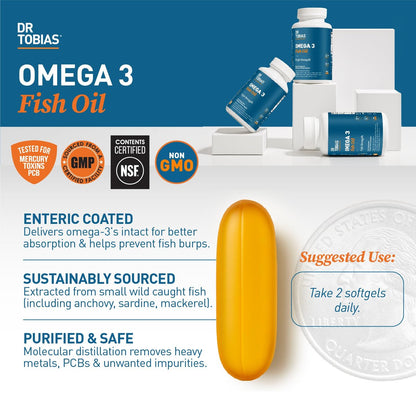 Dr. Tobias Omega 3 Fischöl 2000mg Dreifachstärke mit 800mg EPA und 600mg DHA pro Portion | Omega-3 Kapseln für Herz, Gehirn und Immunsystem – 90 Weichkapseln (45 Portionen)