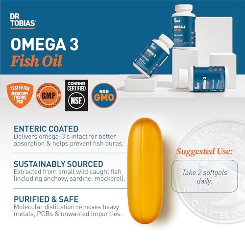 Dr. Tobias Omega 3 Fischöl 2000mg Dreifachstärke mit 800mg EPA und 600mg DHA pro Portion | Omega-3 Kapseln für Herz, Gehirn und Immunsystem – 90 Weichkapseln (45 Portionen)
