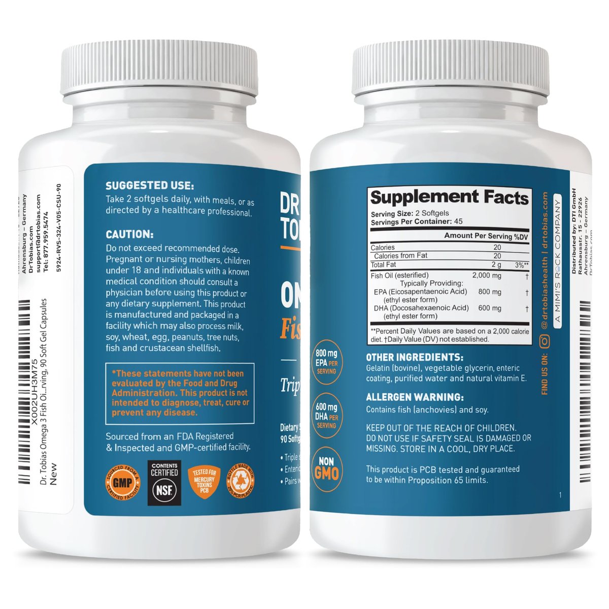 Dr. Tobias Omega 3 Fischöl 2000mg Dreifachstärke mit 800mg EPA und 600mg DHA pro Portion | Omega-3 Kapseln für Herz, Gehirn und Immunsystem – 90 Weichkapseln (45 Portionen)