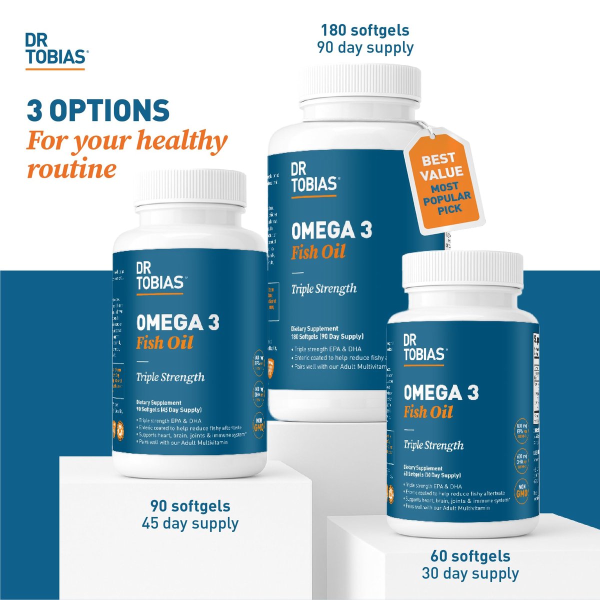 Dr. Tobias Omega 3 Fischöl 2000mg Dreifachstärke mit 800mg EPA und 600mg DHA pro Portion | Omega-3 Kapseln für Herz, Gehirn und Immunsystem – 90 Weichkapseln (45 Portionen)