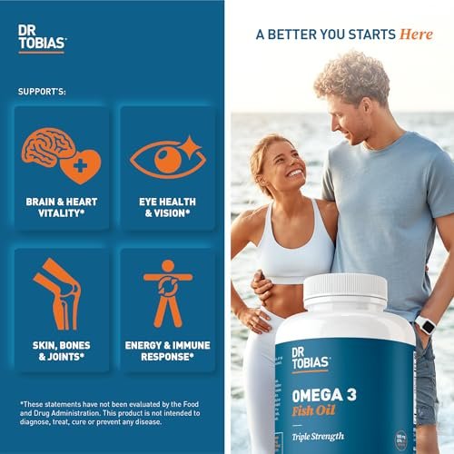 Dr. Tobias Omega 3 Fischöl 2000mg Dreifachstärke mit 800mg EPA und 600mg DHA pro Portion | Omega-3 Kapseln für Herz, Gehirn und Immunsystem – 90 Weichkapseln (45 Portionen)