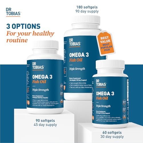 Dr. Tobias Omega 3 Fischöl 2000mg Dreifachstärke mit 800mg EPA und 600mg DHA pro Portion | Omega-3 Kapseln für Herz, Gehirn und Immunsystem – 90 Weichkapseln (45 Portionen)