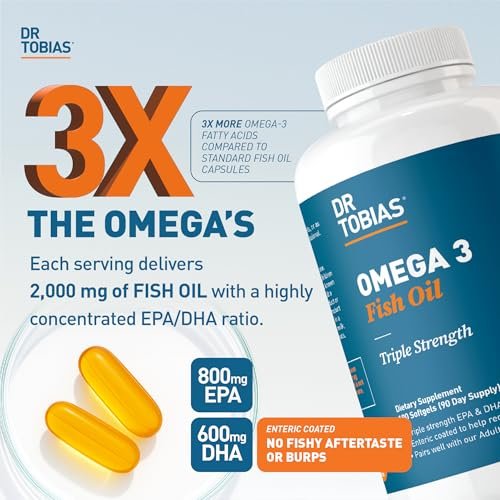Dr. Tobias Omega 3 Fischöl 2000mg Dreifachstärke mit 800mg EPA und 600mg DHA pro Portion | Omega-3 Kapseln für Herz, Gehirn und Immunsystem – 90 Weichkapseln (45 Portionen)