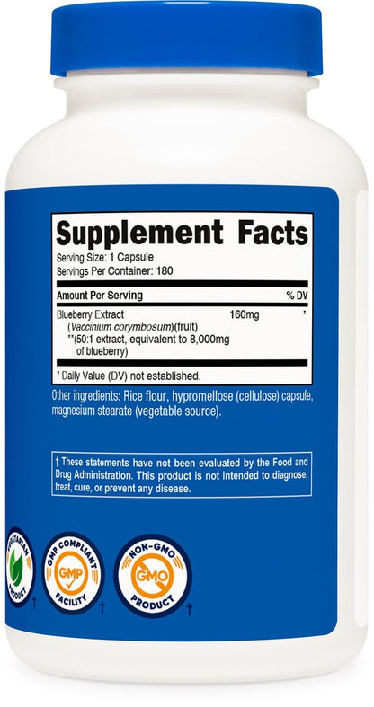 Nutricost Blaubeerextrakt 180 Kapseln, 180 Portionen pro Flasche – Vegetarisch, Glutenfrei und GVO-frei