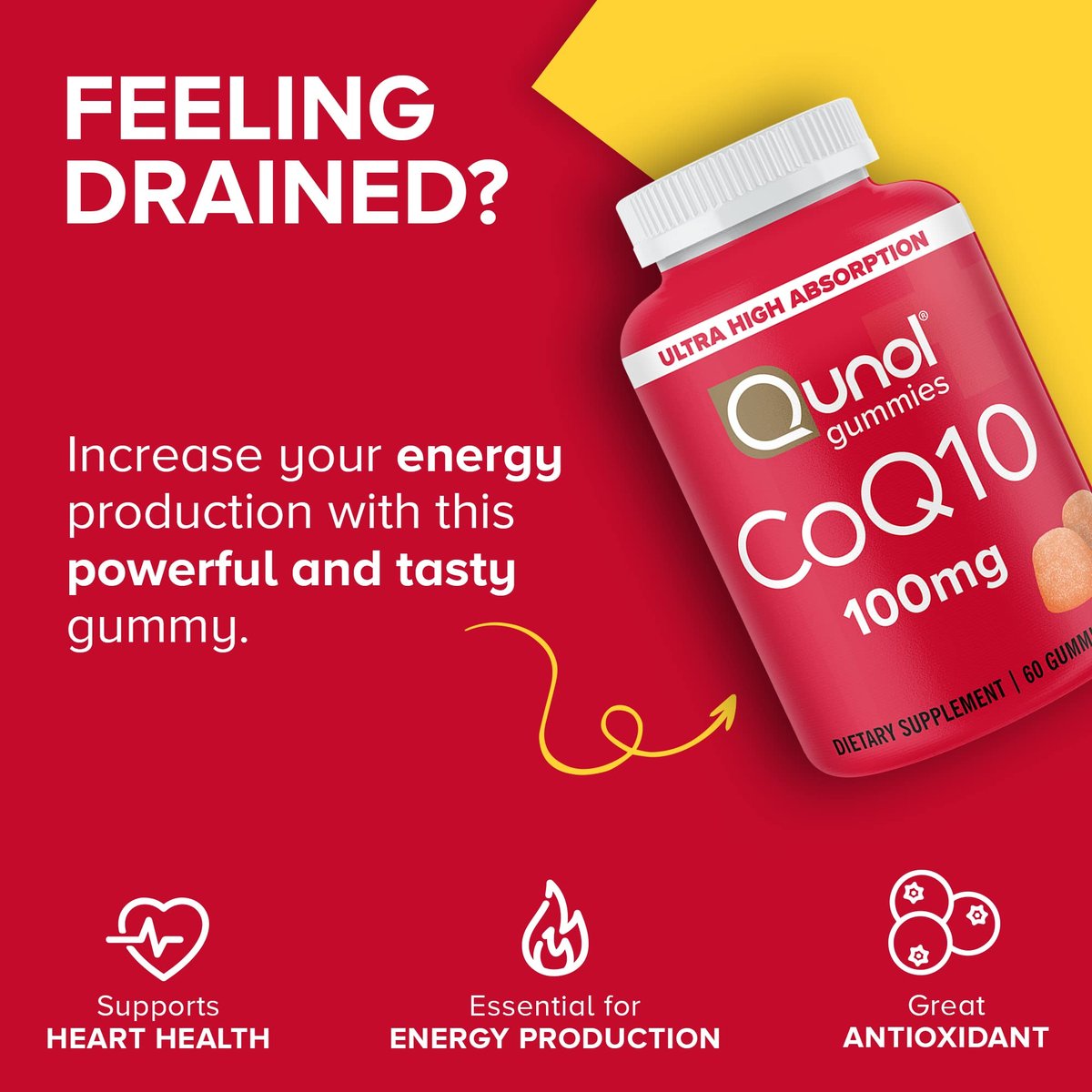 Qunol CoQ10 Gummis, 100 mg, leckere vegane Gummis zur Unterstützung der Herzgesundheit, glutenfrei, ultrahohe Absorption, 2-Monats-Vorrat (60 Stück, Packung mit 2)