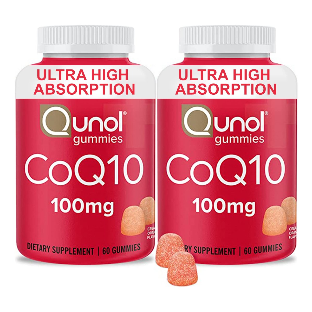Qunol CoQ10 Gummis, 100 mg, leckere vegane Gummis zur Unterstützung der Herzgesundheit, glutenfrei, ultrahohe Absorption, 2-Monats-Vorrat (60 Stück, Packung mit 2)