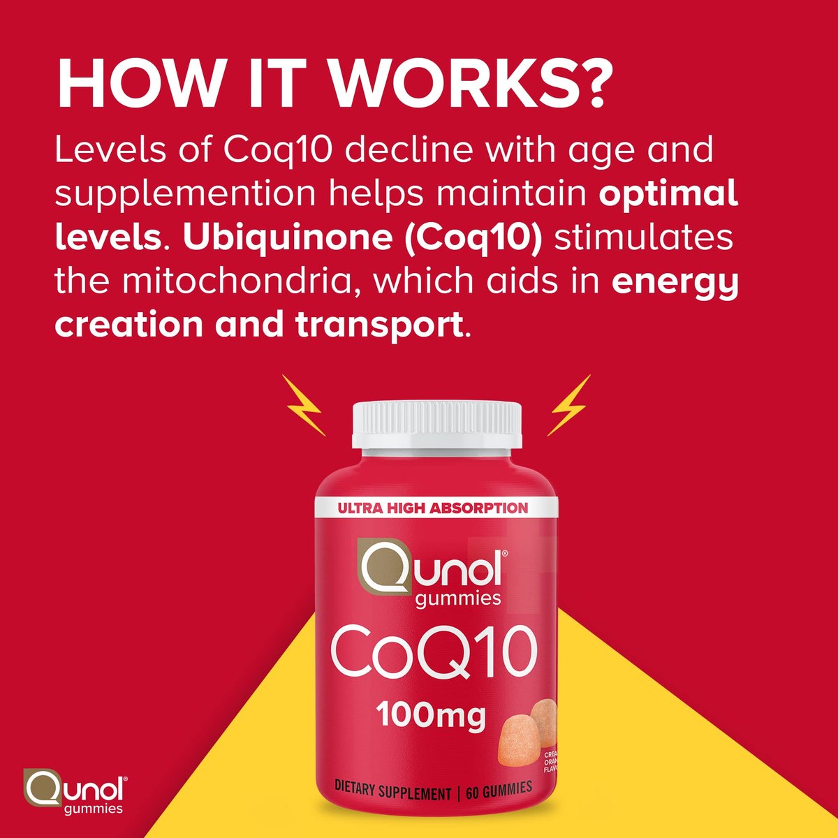 Qunol CoQ10 Gummis, 100 mg, leckere vegane Gummis zur Unterstützung der Herzgesundheit, glutenfrei, ultrahohe Absorption, 2-Monats-Vorrat (60 Stück, Packung mit 2)
