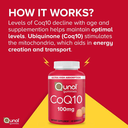 Qunol CoQ10 Gummis, 100 mg, leckere vegane Gummis zur Unterstützung der Herzgesundheit, glutenfrei, ultrahohe Absorption, 2-Monats-Vorrat (60 Stück, Packung mit 2)