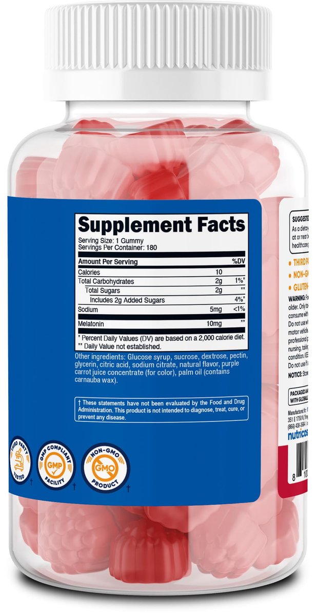 Nutricost Melatonin 10mg, 180 Gummis, Erdbeergeschmack - Glutenfrei, Nicht-GVO, Ohne Maissirup