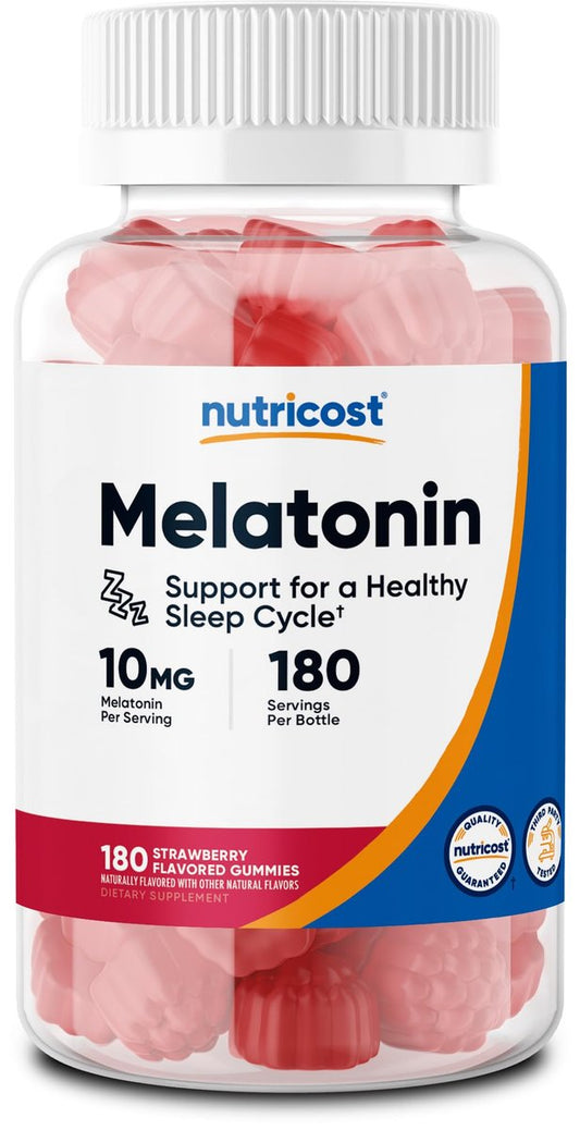 Nutricost Melatonin 10mg, 180 Gummis, Erdbeergeschmack - Glutenfrei, Nicht-GVO, Ohne Maissirup