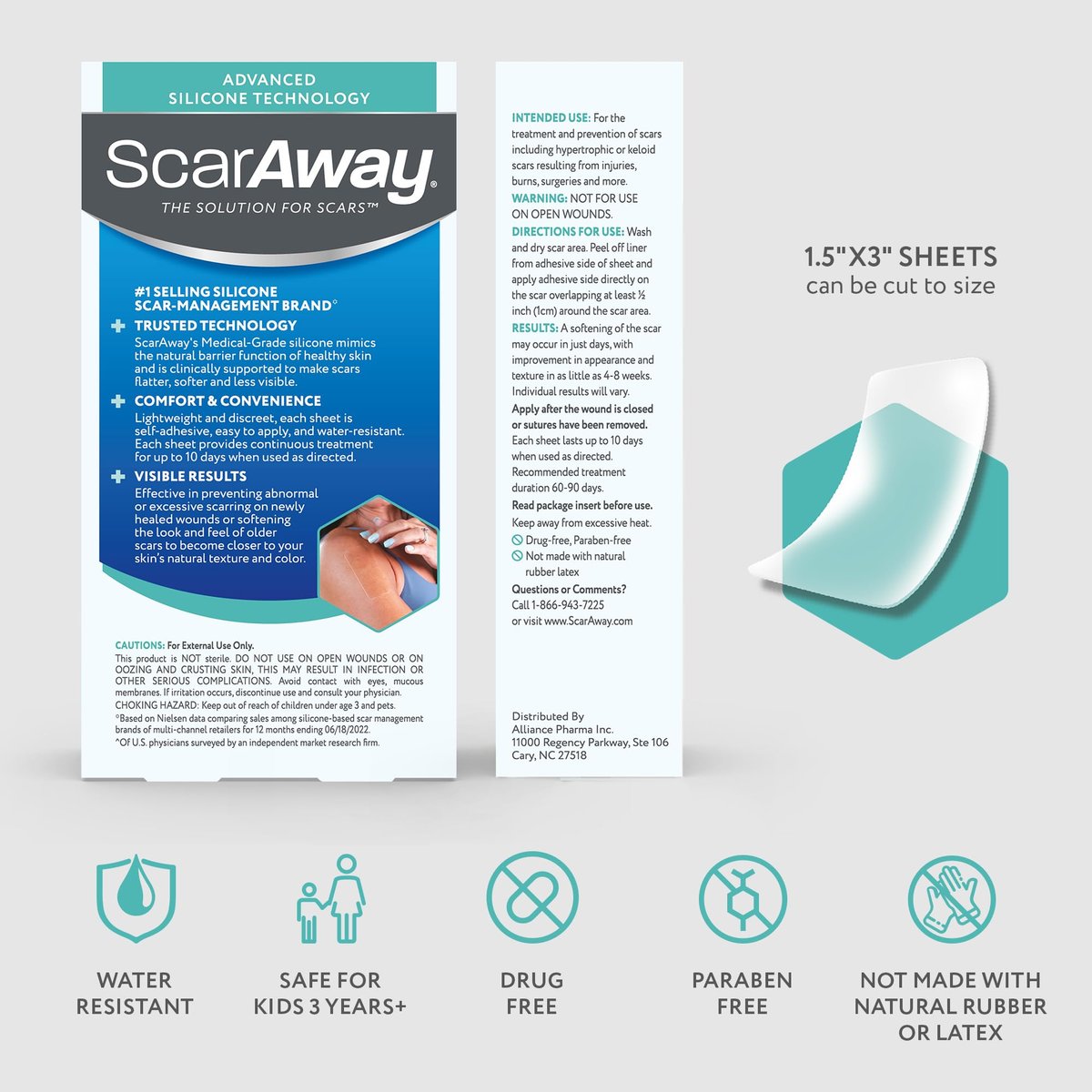 ScarAway Advanced Clear Silicone Scar Sheets - Medizinische Silikonpflaster (1,5" x 3") zur Narbenbehandlung und -prävention für chirurgische, Verbrennungs-, Körper-, hypertrophe und Keloidnarben, 10 klare Blätter