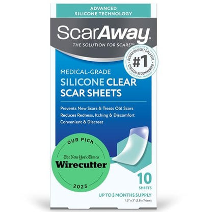 ScarAway Advanced Clear Silicone Scar Sheets - Medizinische Silikonpflaster (1,5" x 3") zur Narbenbehandlung und -prävention für chirurgische, Verbrennungs-, Körper-, hypertrophe und Keloidnarben, 10 klare Blätter