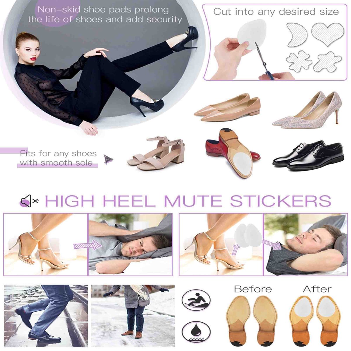 Rutschfeste Schuhpads, selbstklebend, Anti-Rutsch-Schuhgriffe, Gummisohlen-Schutzfolie, klar, 3 Paare