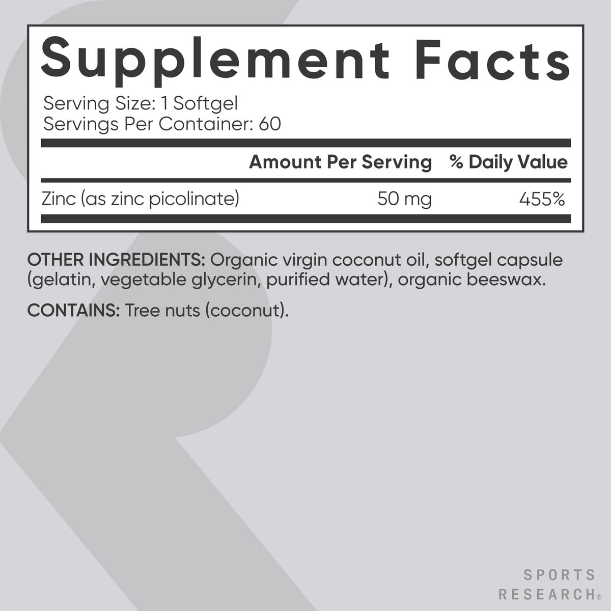 Sports Research® Hochdosiertes Zinkpicolinat 50 mg mit Bio-Kokosöl | Hoch absorbierbares Zink für Immunsystem & Enzymfunktion – Non-GMO getestet & glutenfrei (60 flüssige Softgels)