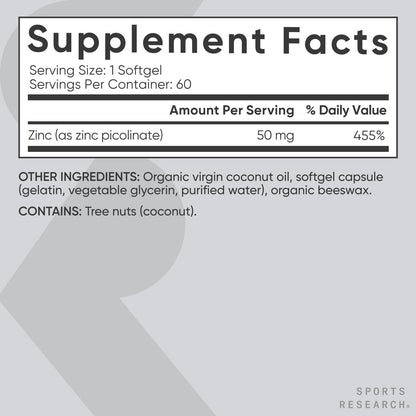 Sports Research® Hochdosiertes Zinkpicolinat 50 mg mit Bio-Kokosöl | Hoch absorbierbares Zink für Immunsystem & Enzymfunktion – Non-GMO getestet & glutenfrei (60 flüssige Softgels)